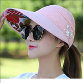 Hats for Women Foldable Sun Hat Pearl Flower Visor Suncreen Floppy Cap